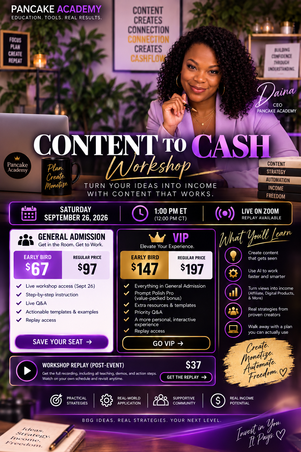 Content to Cash Workshop flyer — Pancake Academy, September 26, 2026