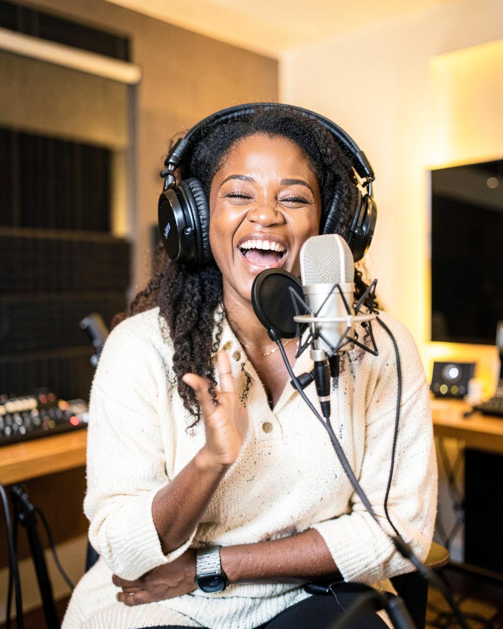 Singer recording a jingle in a studio
